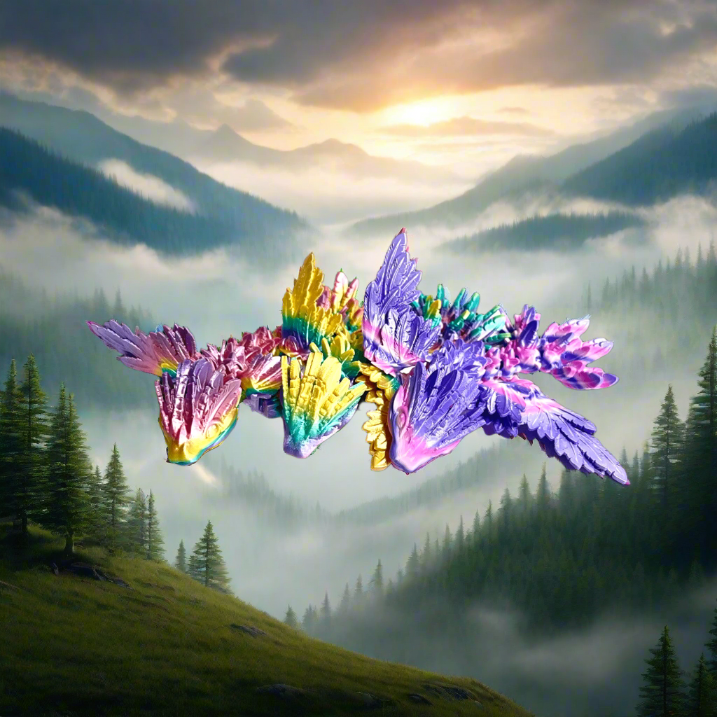 A 3D printed multicolored articulated flying serpent sculpture with a glossy finish.