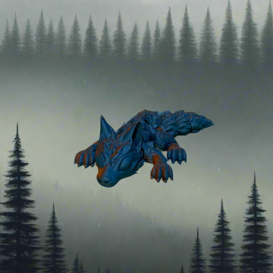 Tiny wolf pup 3D print in blue and orange with detailed design.