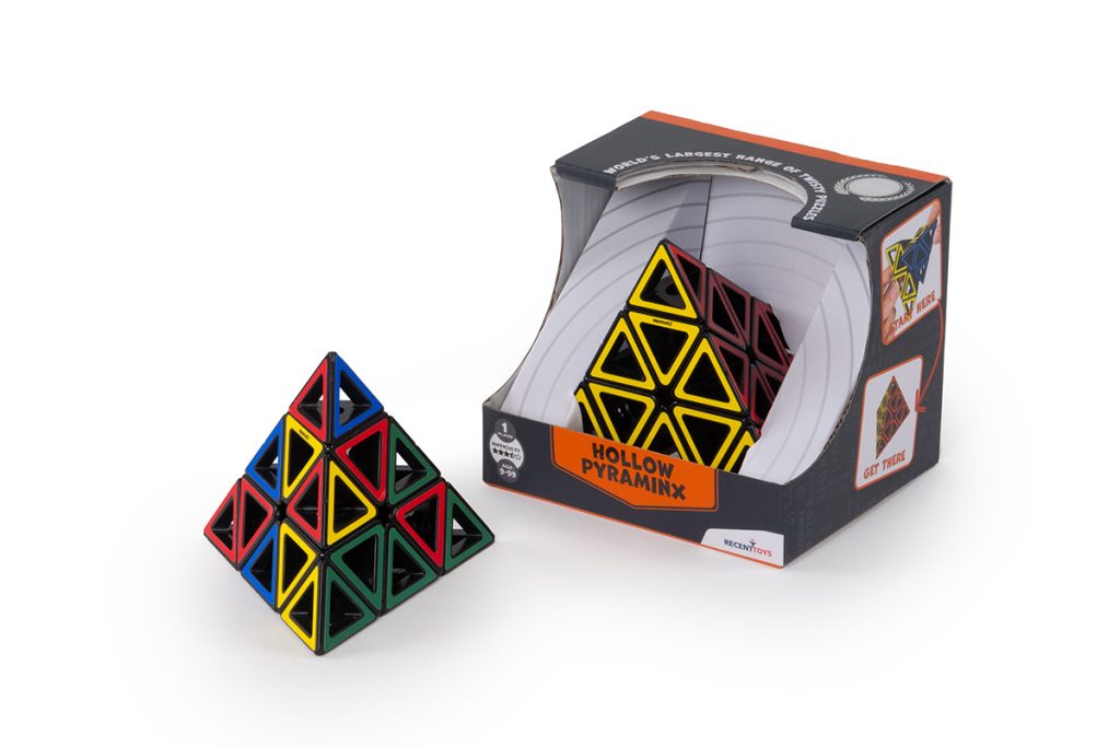 Hollow pyramid puzzle toy next to its packaging