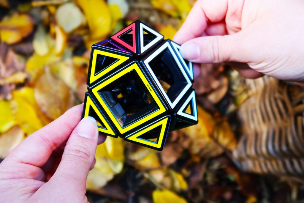 Person holding a geometric puzzle toy with autumn leaves in the background