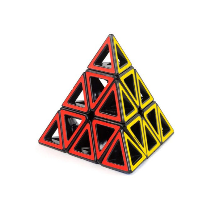 Pyraminx puzzle with red, yellow, and black triangular faces