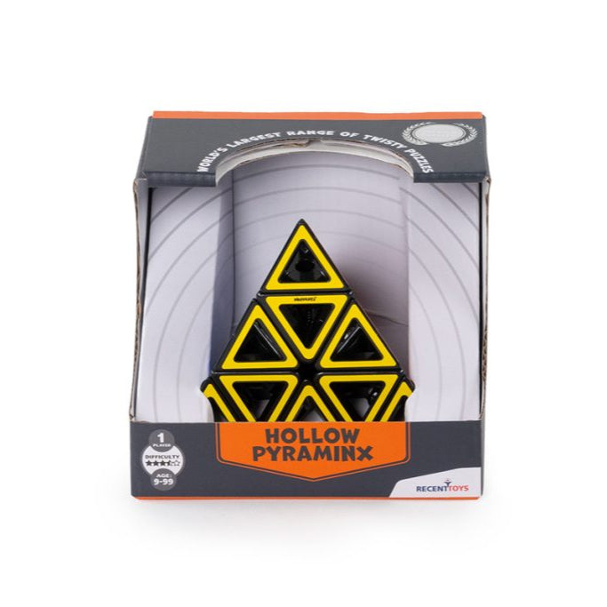 Hollow Pyraminx puzzle packaging with a geometric design