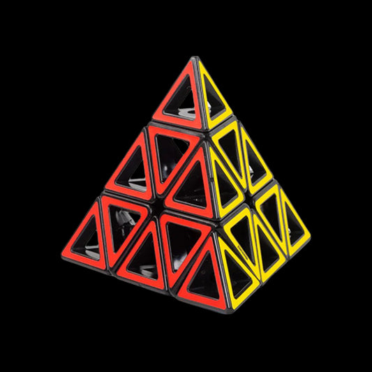 Pyraminx-style puzzle with red, black, and yellow triangular faces